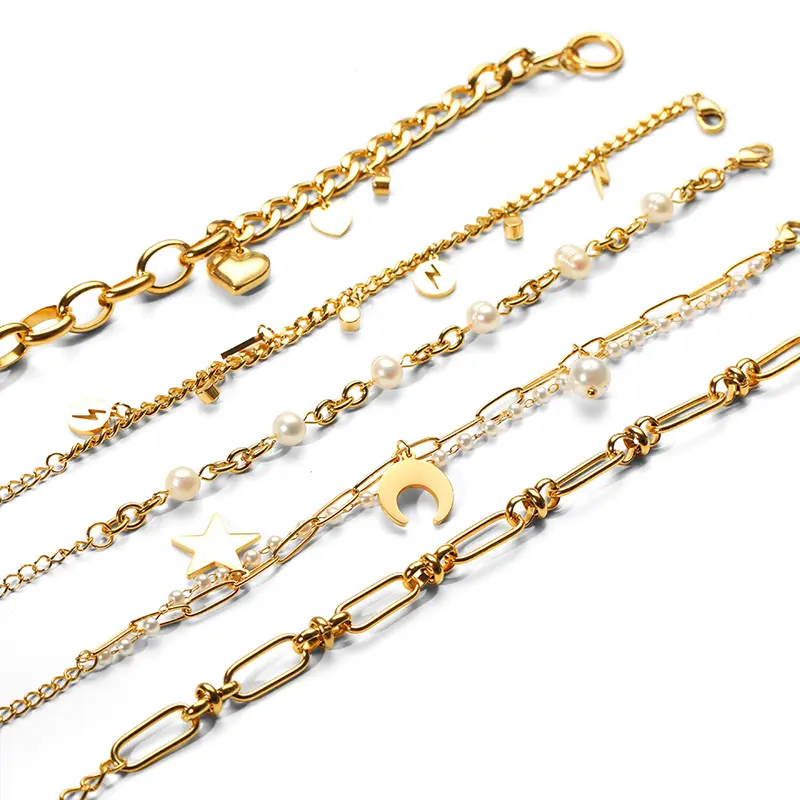 1 pezzo semplice stile retrò in acciaio inossidabile placcato oro 18K intarsio perle artificiali braccialetti con ciondoli da donna h5 